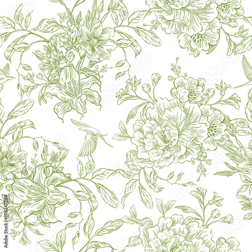 Photography Graphic seamless pattern with flowers and birds. Illustration