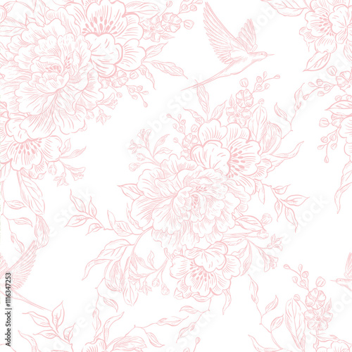Graphic seamless pattern with flowers and birds. Illustration