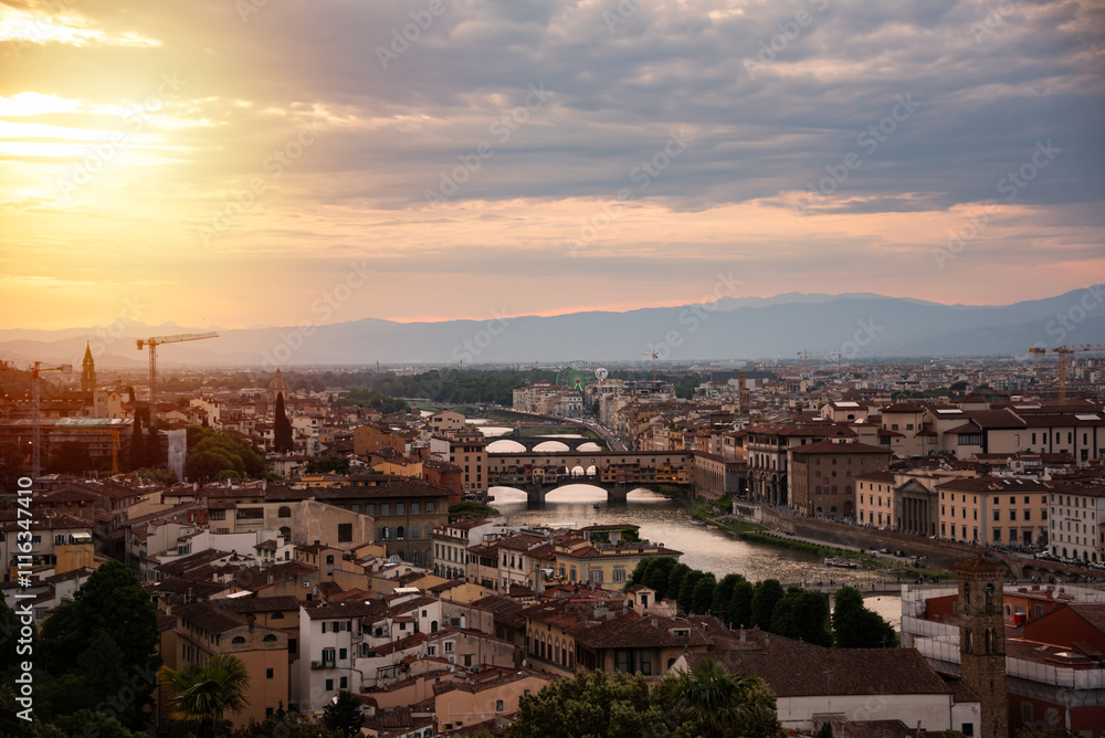 Panoramic view of river and bridge in Florence city, Italy on sunset Panoramic view of river and bridge in Florence city, Italy on sunset