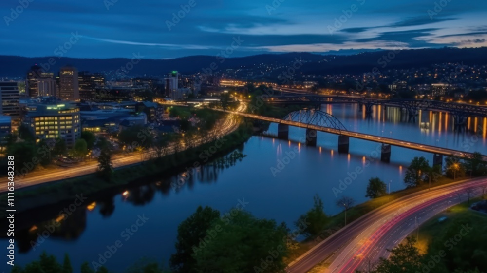 Night cityscape with river, bridge, and city lights. Night cityscape with river, bridge, and city lights.