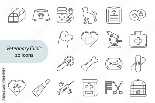 A set of linear icons. Veterinary clinic and pet care . Vector