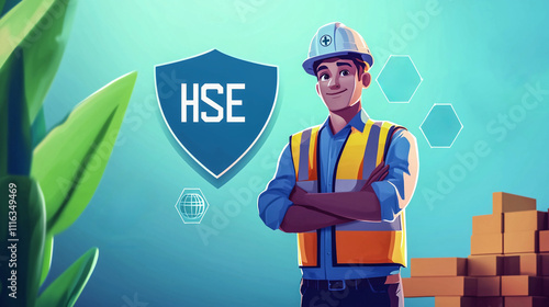 HSE business concept. Banner. Worker in a bright safety vest and protective helmet stands on one side. Digital icons for Health, Safety, Environment. Clean corporate-style background in blue and green photo