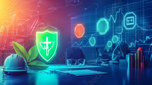 Concept of professional HSE (Health, Safety, Environment) banner featuring clean, modern visuals. Green eco-friendly symbols, heartbeat icon, helmet, leaf, globe. Neon accents 