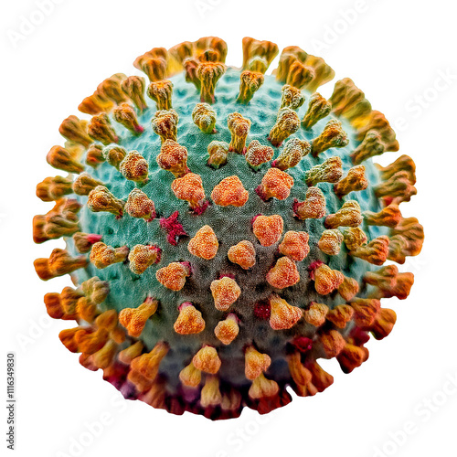 Hepatitis B virus with densely packed protein spikes in green and yellow, smooth texture, shown on a white background,