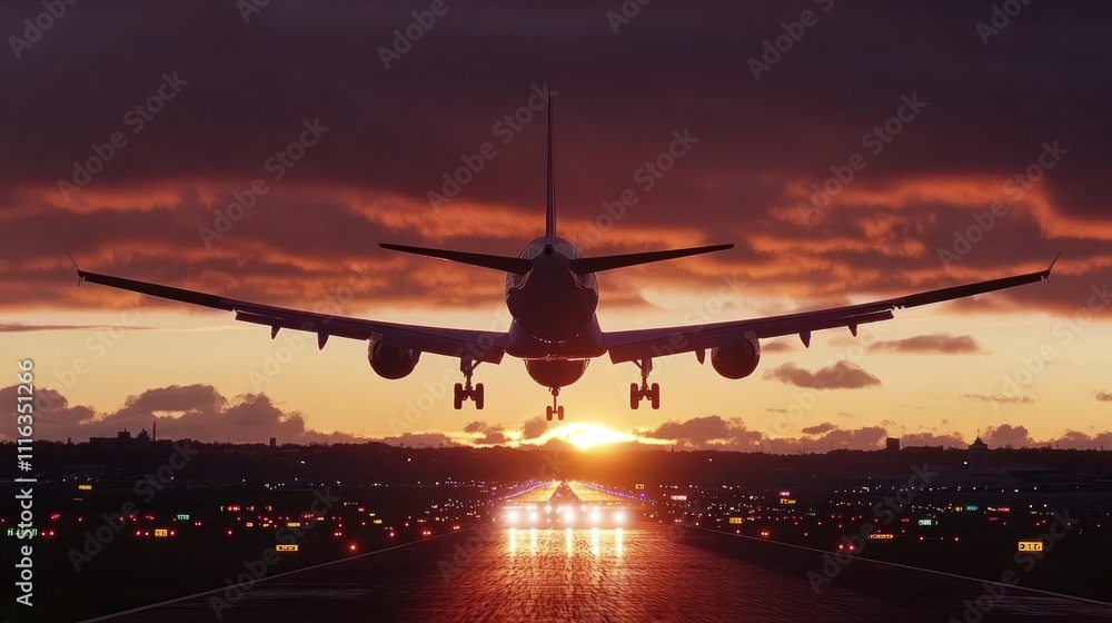 Airplane taking off from the runway at sunset Airplane taking off from the runway at sunset