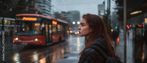 A young woman waits at a rainy city bus stop, lost in thought as the streets shimmer with reflections from the glowing lights of passing buses.