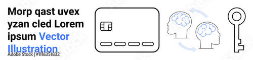 Credit card chip, human brains with arrows indicating idea exchange, key on right. Ideal for financial security, brainstorming, mind mapping, data sharing, secure transactions, encryption concepts