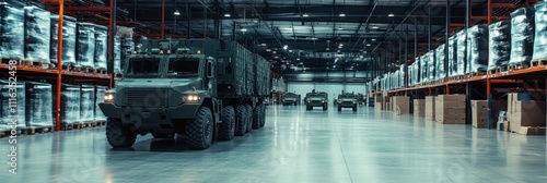 Wallpaper Mural Military vehicles inside a large warehouse with organized storage. Torontodigital.ca