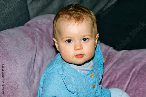 Portrait of Baby Girl in Blue Dress photo