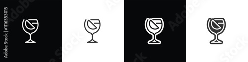 Goblet glass icons. Classic alcoholic cocktail and cocktail glass thin line and flat icon. Cocktail glass vector illustration symbols in black white and transparent background.