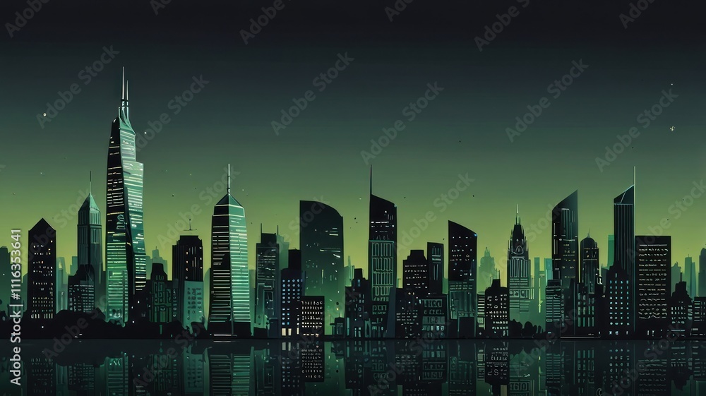 Fototapeta premium Night cityscape skyline reflected in water.