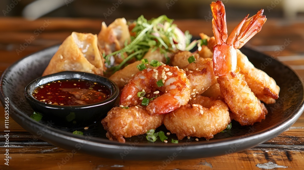 Seafood Platter with Crispy Shrimp, Dumplings, and Sweet Chili Sauce Seafood Platter with Crispy Shrimp, Dumplings, and Sweet Chili Sauce
