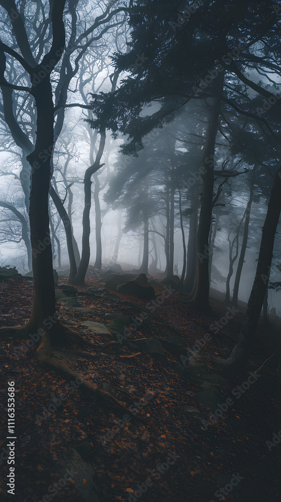 Obraz premium A misty forest landscape with dense fog covering the trees and hills.