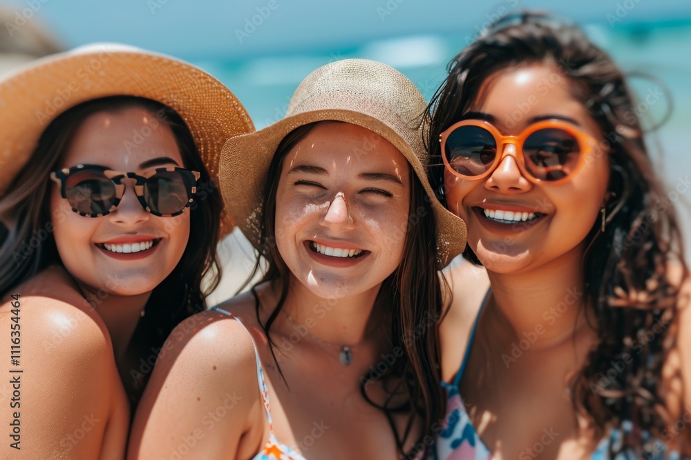 Summer Fun on the Shore Three Happy Female Friends Enjoying a Sunny Day at the Beach. Summer Fun on the Shore Three Happy Female Friends Enjoying a Sunny Day at the Beach.
