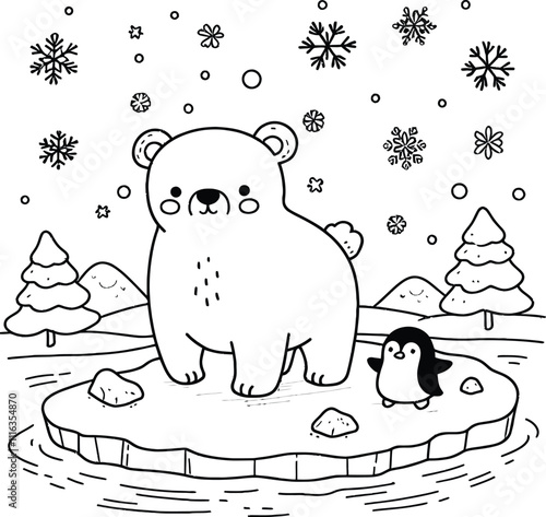 Frozen Ice Castle and Snowy Landscapes, A Winter Wonderland Scene, coloring page for book