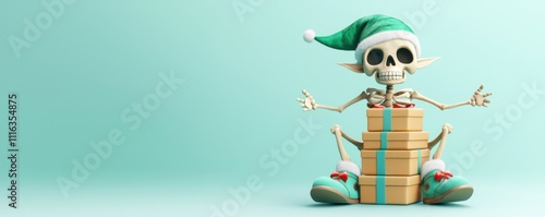 Christmas skeleton, A quirky elf skeleton wearing a Santa hat sits with wrapped gifts against a light blue background, embodying a fun, festive spirit. photo