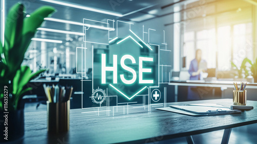 HSE business concept. Health, Safety, Environment banner featuring bold, glowing HSE letters in a corporate setting. Icons-medical cross, heartbeat line, helmet, shield, leaf, globe