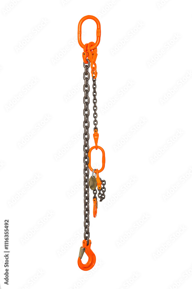 Heavy duty chain with orange hooks for secure lifting and rigging applications