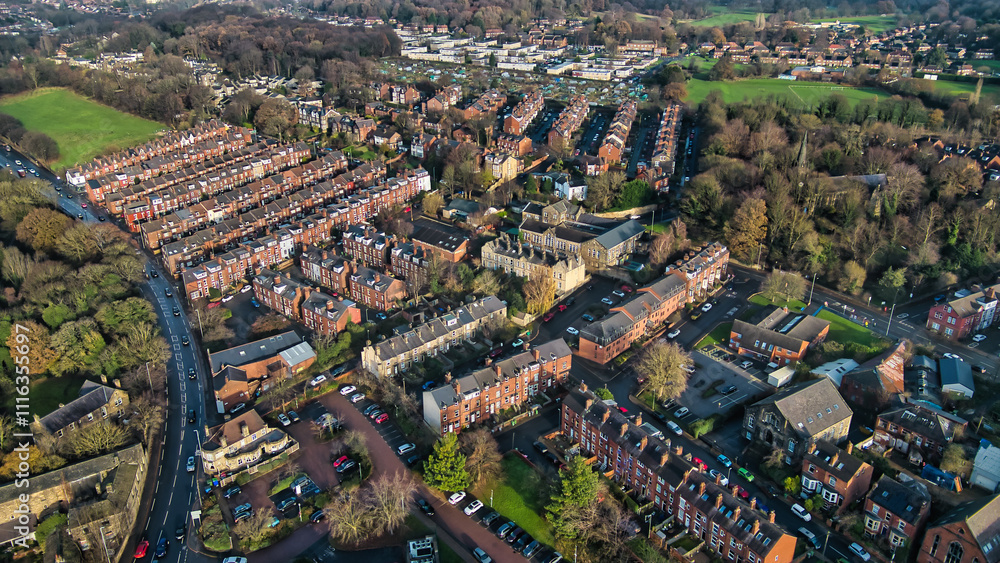 Obraz premium Aerial View of Residential Area with Terraced Housing in Kirkstall, Leeds.