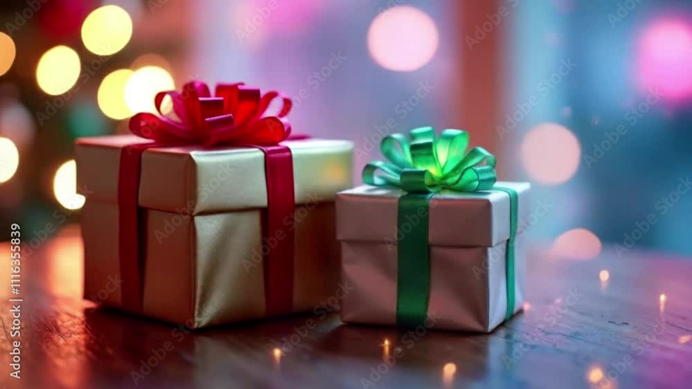 Gift box on wooden table with Christmas background with decorations, Happy New Year. Stage for product sale advertising