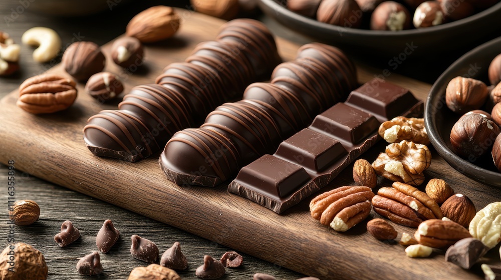 Assorted Chocolates and Nuts on Wooden Board for Delicious Dessert Presentation Assorted Chocolates and Nuts on Wooden Board for Delicious Dessert Presentation