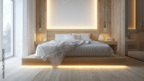 Wallpaper Mural Modern Minimalist Bedroom with Natural Wooden Elements, Soft Lighting, and Cozy White Bedspread in Contemporary Design Setting Torontodigital.ca