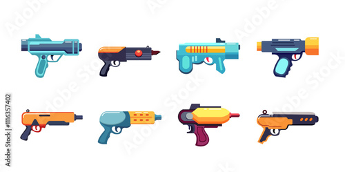 Modern futuristic gun vector illustration, laser blaster gun vector set, cartoon firearm weapon clipart, collection of toy gun vector image