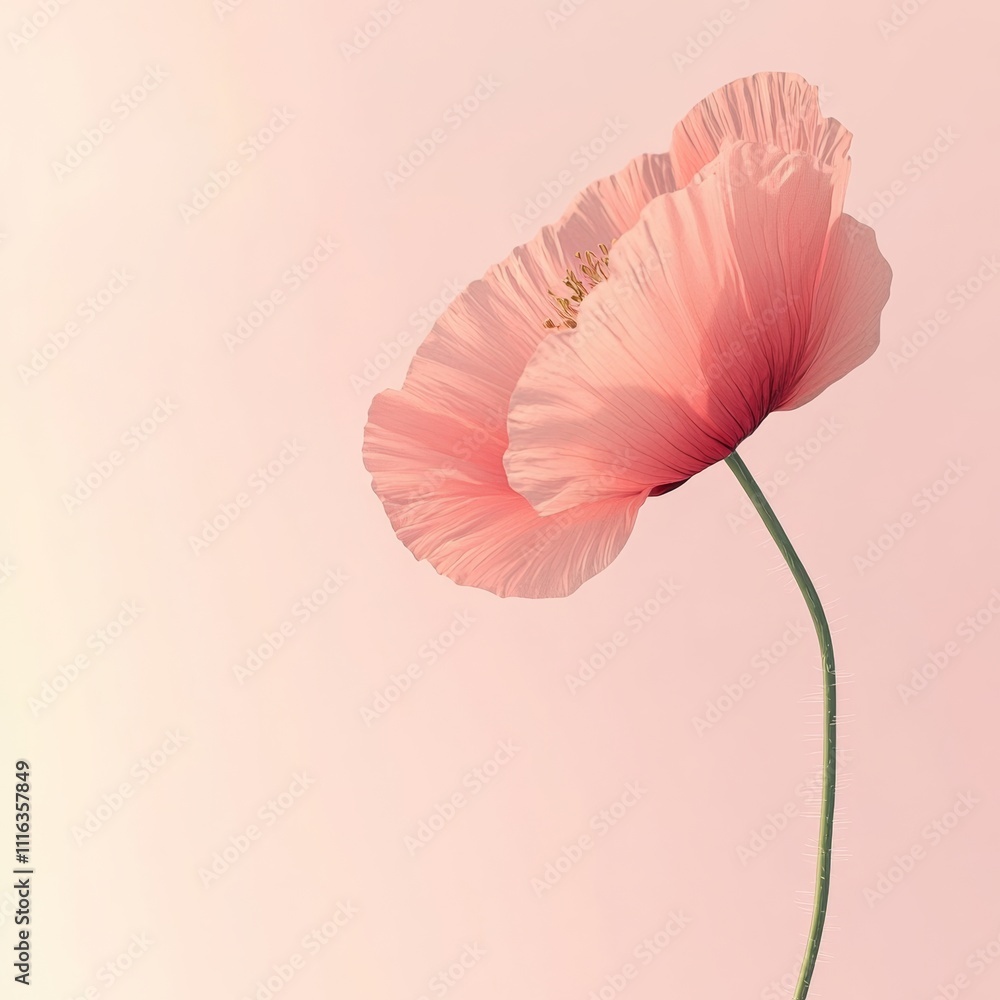 Fototapeta premium 3D rendered seasonal poppy flower, isolated with high detail, against a soft pastel background with ample surrounding copy space