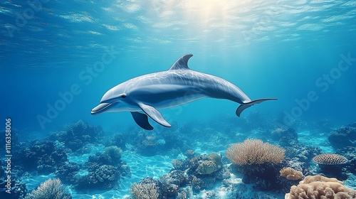 Wallpaper Mural Dolphin swimming gracefully over vibrant coral reef Torontodigital.ca