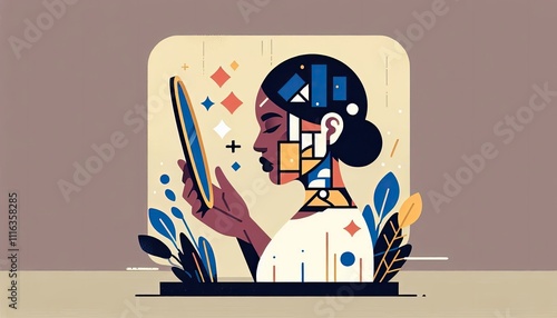Colorful illustration of self-reflection with cultural symbols and fragmented design