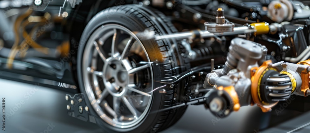 Fototapeta premium A close-up of a sleek car chassis reveals the intricate details of its mechanical components, showcasing engineering precision and modern design.