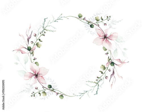 Watercolor painted floral symmetric round frame. Pink flowers, blue, green wild meadow and swamp twigs, moss branch, turquoise leaves. Hand drawn illustration template. Artistic template design.