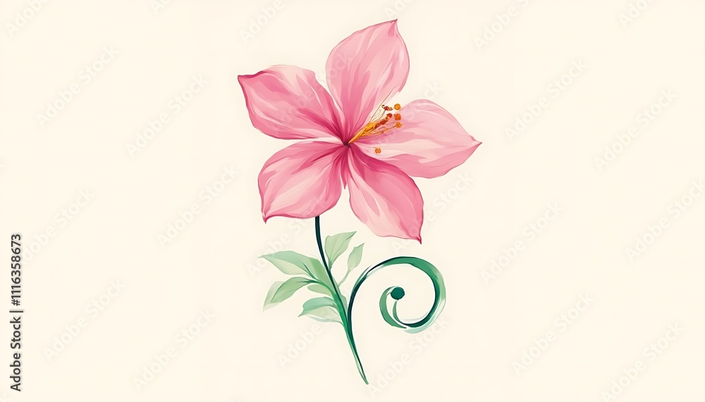 Fototapeta premium Pink bloom illustration with green leaves