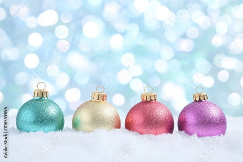 Colorful Christmas Ornaments on Snowy Surface with Sparkling Background. photo