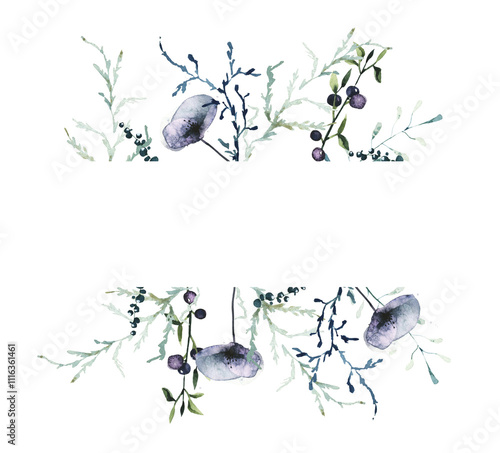 Watercolor painted floral rectangle border frame. Violet poppy flowers, turquoise, green branches, blueberry, blue moss twigs, leaves. Hand drawn illustration. Watercolour artistic template design.