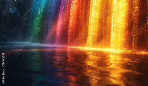 Wasserfall in leuchtenden Regenbogenfarben, der in einem sanften Fluss über die Felsen fällt, ideal für Webseiten, Flyer oder moderne Hintergründe mit einem dynamischen und lebendigen Farbspiel.