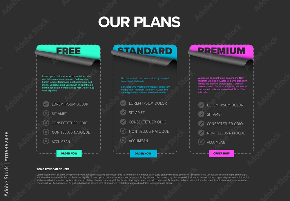 Our subscription plans infographic dark template with free standard and premium options with descriptions