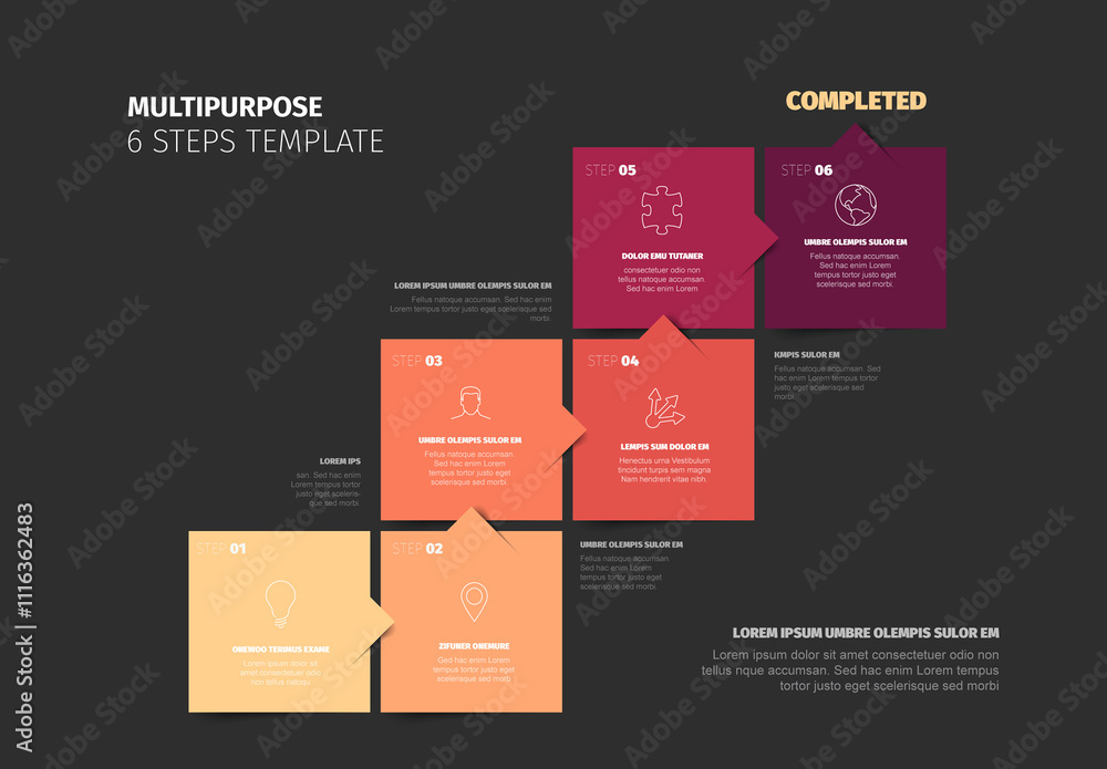 Dark six steps process progress infographic template made from red squares and arrows