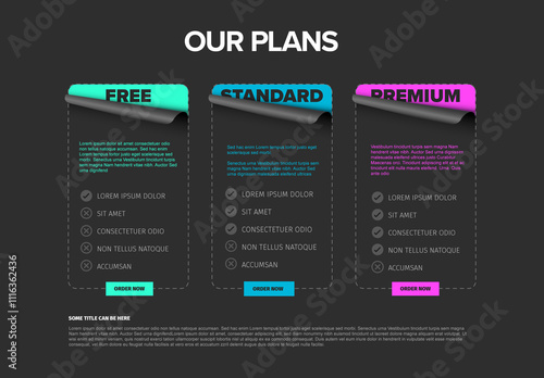 Obraz na płótnie Our subscription plans infographic dark template with free standard and premium options with descriptions w salonie
