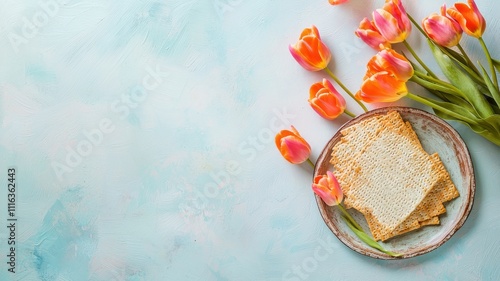 Vibrant Matzah with Seder Plate and Tulips photo