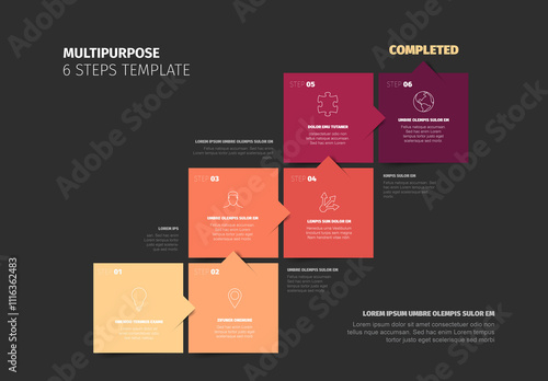 Obraz na płótnie Dark six steps process progress infographic template made from red squares and arrows w salonie