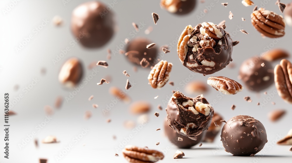 A detailed chocolate truffle surrounded by pecans and pieces of chocolate, captured mid-air with a dark background A detailed chocolate truffle surrounded by pecans and pieces of chocolate, captured mid-air with a dark background