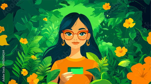 Vector illustration of a young woman holding a credit card, promoting green banking and financial growth amidst a vibrant jungle setting