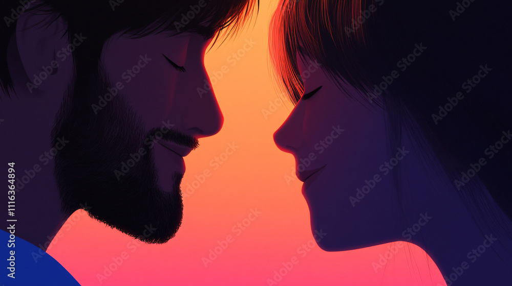 Close up of couple faces smiling at each other, showcasing love and connection against vibrant sunset background. Their expressions convey warmth and happiness Close up of couple faces smiling at each other, showcasing love and connection against vibrant sunset background. Their expressions convey warmth and happiness