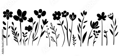 Collection of black and white flower silhouettes, perfect for minimalist designs, logos, wedding invitations, and nature-inspired projects