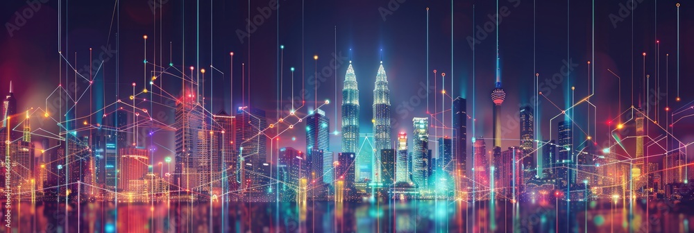 Obraz premium Abstract Design Modern. Kuala Lumpur City Skyline with Aesthetic Intricate Wave Line and Gradient Colors