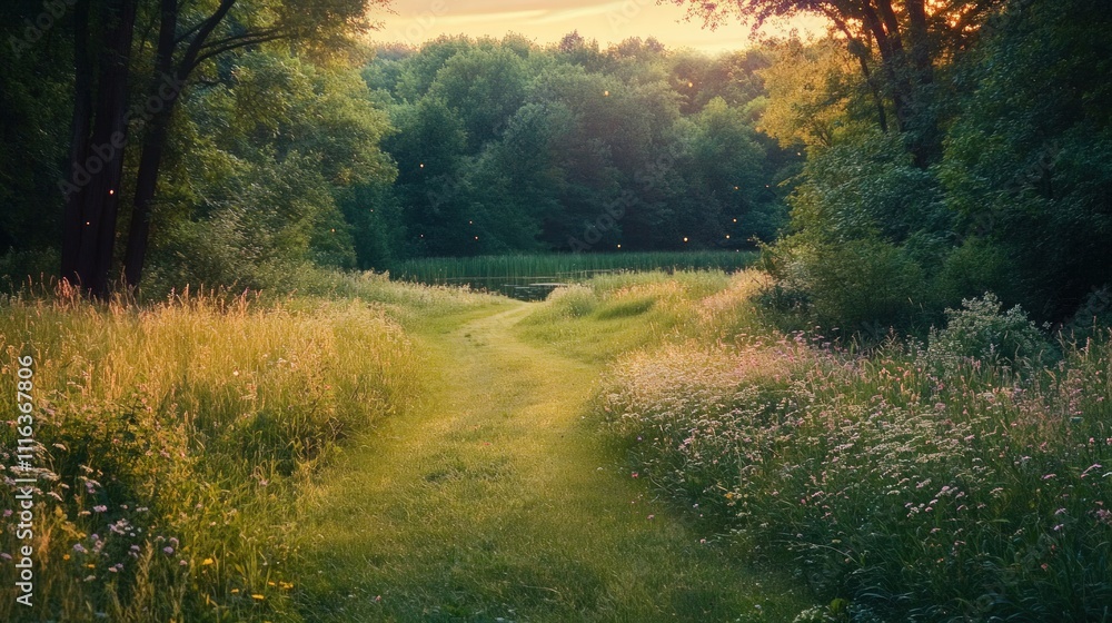 Obraz premium Sunset path through grassy field, bordering forest pond.