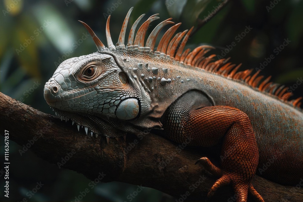 Fototapeta premium A close-up of a colorful iguana resting on a branch.