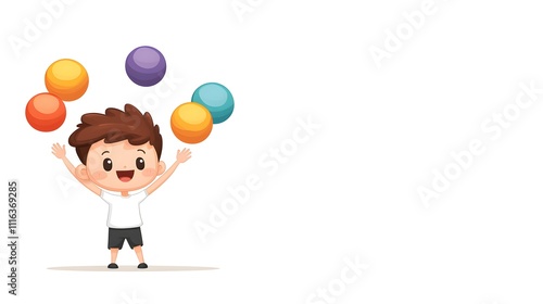 A boy is juggling exercise balls