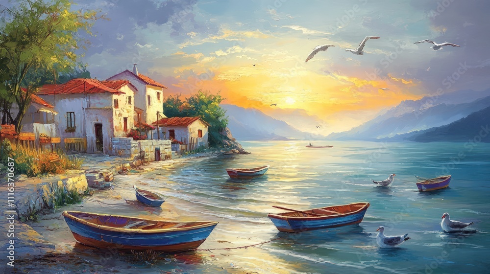 Obraz premium Coastal village sunset, boats, seagulls, tranquil scene.